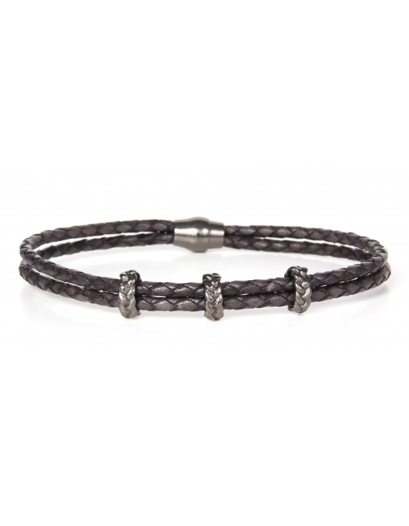 Pulsera plata cuero hombre Luca Lorencini BH028-2