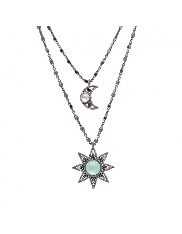 Colgante plata sol luna combinado calcedonia piedra luna y circonitas c392