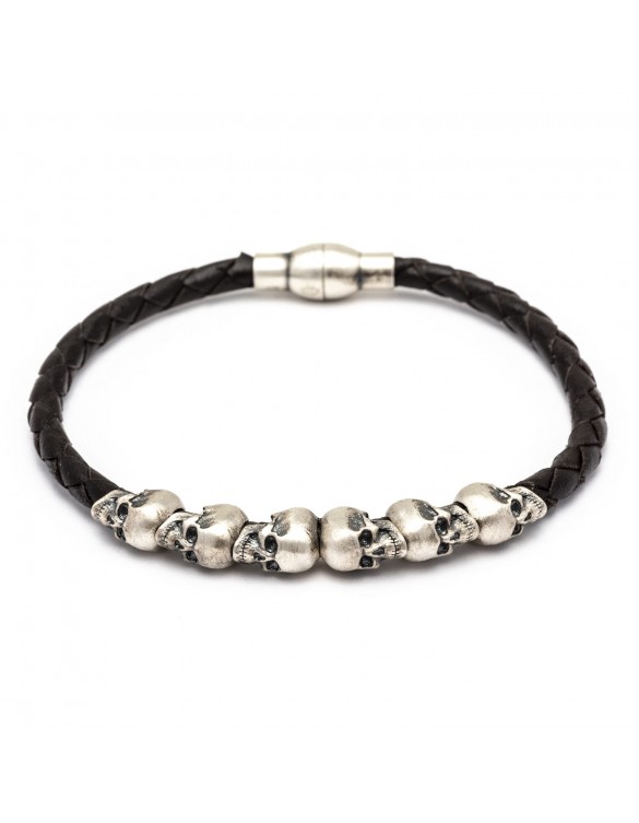 Pulsera plata calavera cuero sks92