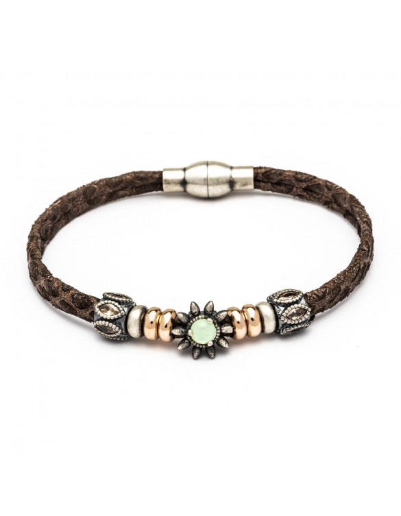 Pulsera sol plata cuero calcedonia y circonitas an-40