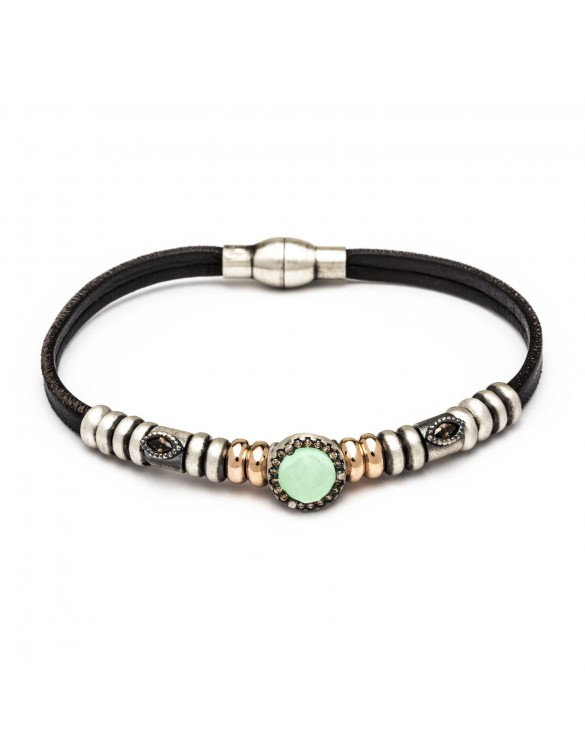Pulsera plata cuero calcedonia y circonitas an-36