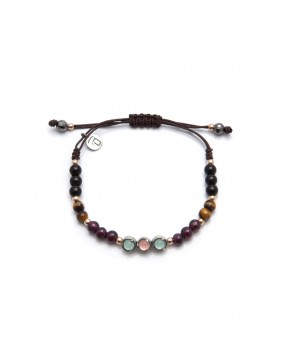 Pulsera plata macrame calcedonia cuarzo rosa granate ojo de tigre y onix MA-91