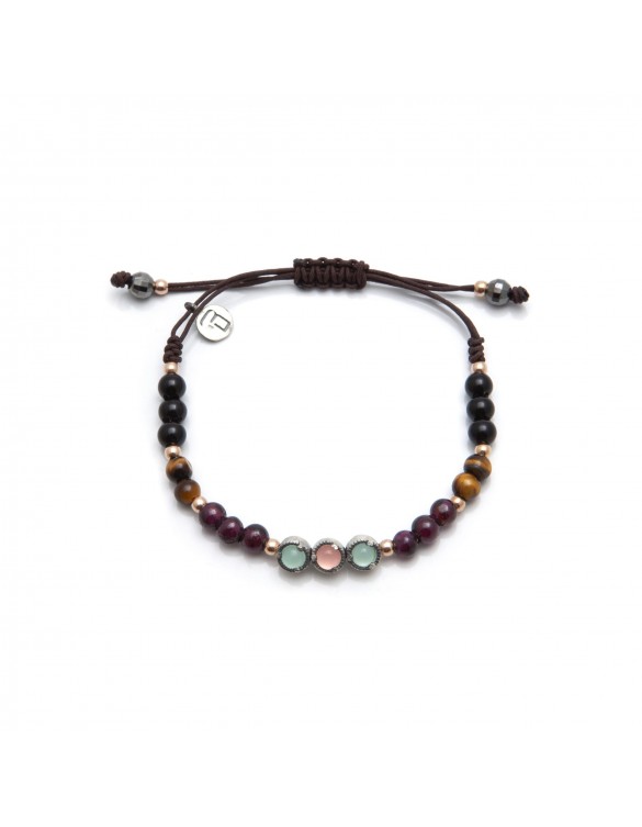 Pulsera plata macrame calcedonia cuarzo rosa granate ojo de tigre y onix MA-91