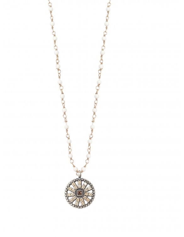 Colgante SUNFIELD de plata envejecida con circonitas y rosario de ágata blanca CL060632