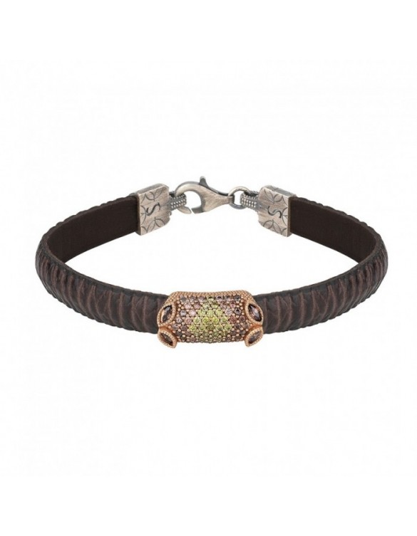 Pulsera SUNFIELD de plata con baño de oro rosa, circonitas y squalo cord color chocolate PU061653/2