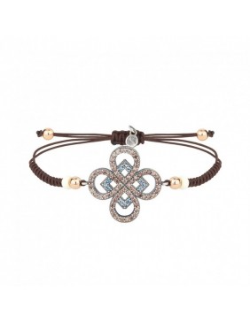 Pulsera SUNFIELD de plata, nailon, hueso y circonitas color brown y aguamarina PU061203