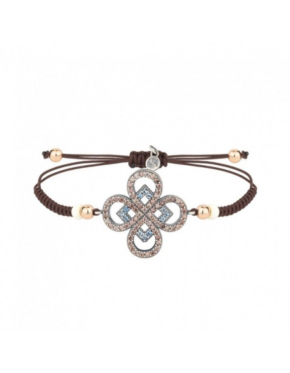 Pulsera SUNFIELD de plata, nailon, hueso y circonitas color brown y aguamarina PU061203