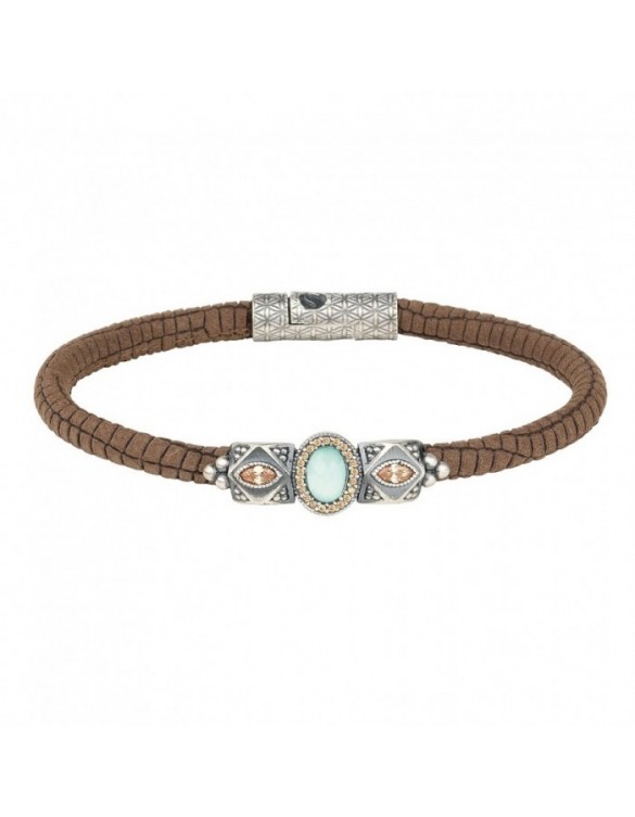 Pulsera SUNFIELD de plata, cuero natural nabuk marrón, calcedonia y circonitas PU061165
