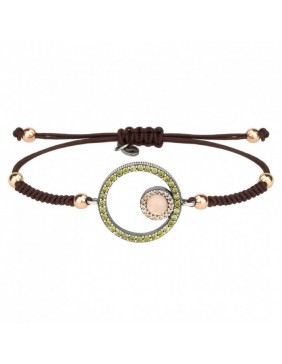 Pulsera SUNFIELD de plata, circonitas, cuarzo rosa y nailon color chocolate PU061180