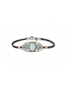 Pulsera plata, circoniatas, calcedonia y cuero natural PU060586