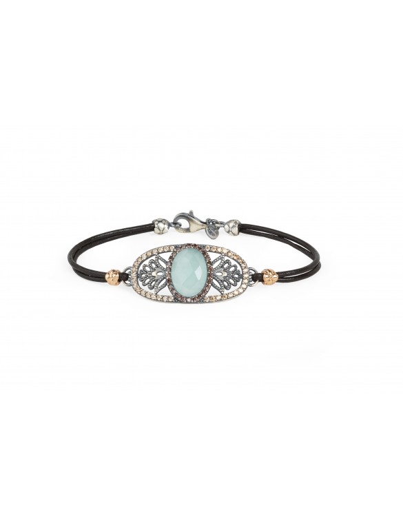 Pulsera plata, circoniatas, calcedonia y cuero natural PU060586
