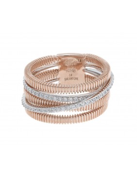 Sortija plata chapado rosa varias filas linea cruzada circonitas blancas sobre rodio.