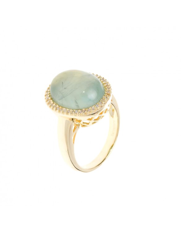 Sortija plata chapado dorado prehnita oval cabujon circonitas blancas triple a - 160s0005