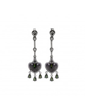 Pendientes plata chapado rutenio corazon circonitas blancas y verdes