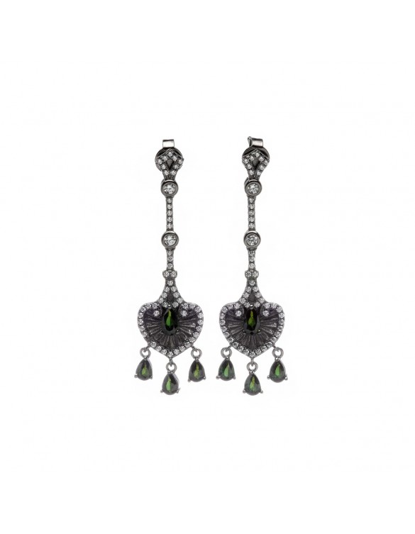 Pendientes plata chapado rutenio corazon circonitas blancas y verdes