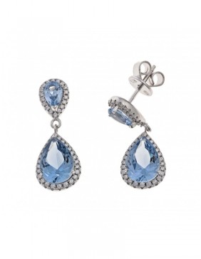 Pendientes Plata Rodio Lagrima Doble Spinel S Azul Tallado A Mano Borde Circonitas Blancas