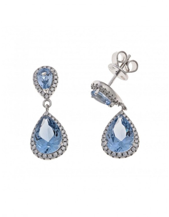 Pendientes Plata Rodio Lagrima Doble Spinel S Azul Tallado A Mano Borde Circonitas Blancas