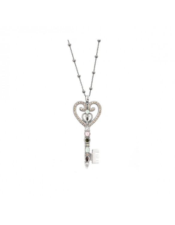 COLGANTE LLAVE DE PLATA, OJO DE GATO ROSA, CALCEDONIA, CIRCONITA CAVA, BROWN Y VERDE KEY-01