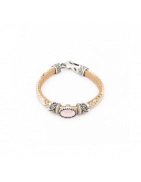 PULSERA CUERO PLATA OJO DE GATO ROSA, CIRCONITA BROWN Y CAV MOK-17
