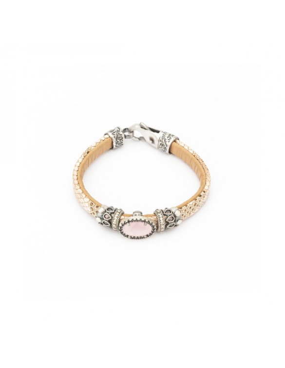 PULSERA CUERO PLATA OJO DE GATO ROSA, CIRCONITA BROWN Y CAV MOK-17