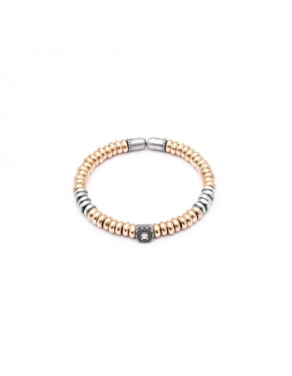 PULSERA PLATA Y ORO ROSA, OJO DE GATO ROSA Y CIRCONITA BROWN. AN-63