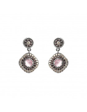 PENDIENTES PLATA OJO DE GATO ROSA Y ORLA CIRCONITA BROWN, CAVA. P627