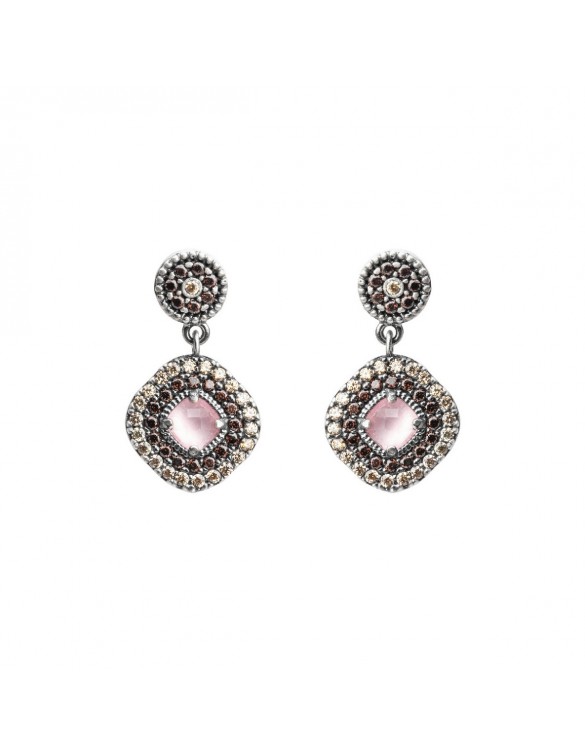 PENDIENTES PLATA OJO DE GATO ROSA Y ORLA CIRCONITA BROWN, CAVA. P627