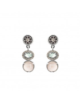 PENDIENTES PLATA CALCEDONIA VERDE, OJO GATO ROSA, CIRCONITA BROWN, CAVA. P648