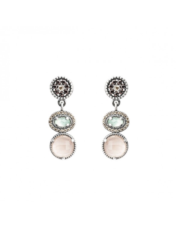 PENDIENTES PLATA CALCEDONIA VERDE, OJO GATO ROSA, CIRCONITA BROWN, CAVA. P648
