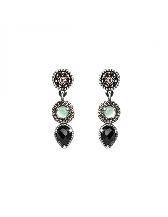 PENDIENTES PLATA CALCEDONIA VERDE, ÓNIX FACETADO, CIRCONITA BROWN, CAVA. P646