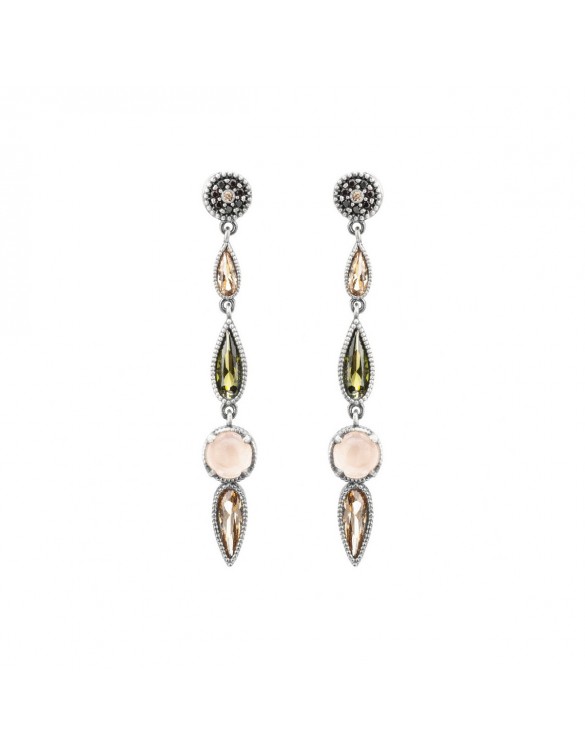 PENDIENTES PLATA CUARZO ROSA, CIRCONITA BROWN, CAVA Y VERDE. P769