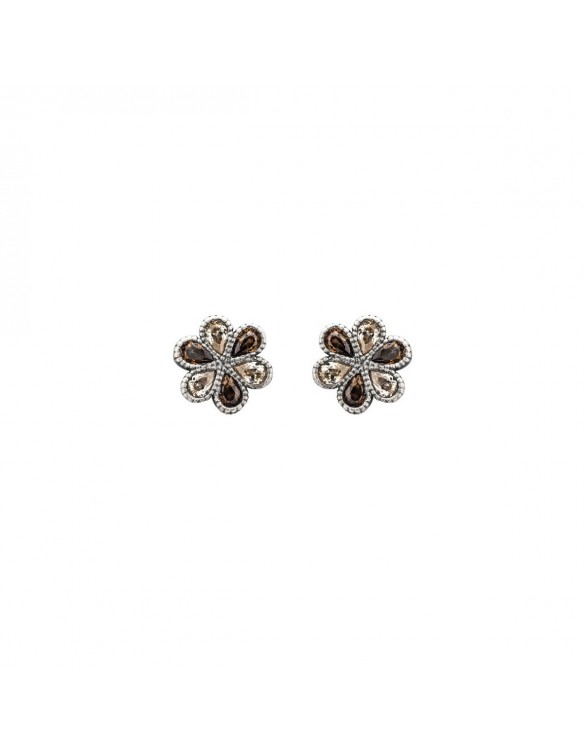 PENDIENTES BOTON PLATA FLOR Y CIRCONITA CAVA BROWN. P557